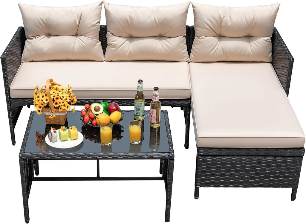 Devoko Outdoor Patio Furniture 3-Piece Rattan Waterproof Outdoor Sectional Sofa All-Weather L Shaped Patio Couch with Cushion Glass Table for Balcony, Garden (Beige)