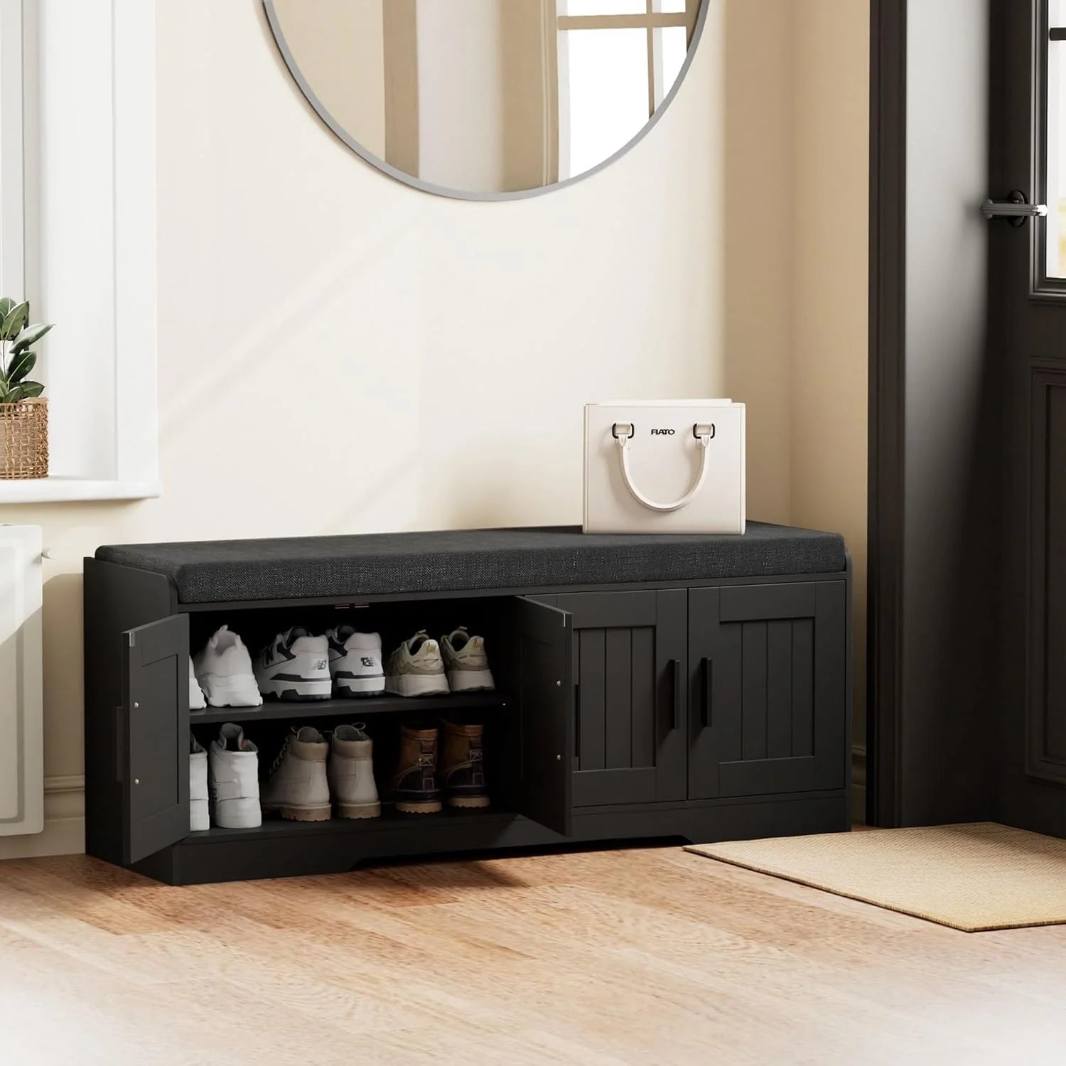 2-Tier Storage Bench, Shoe Bench with Thickened Padded Seat Cushion, Entryway Bench with 4 Doors, Adjustable Shelf