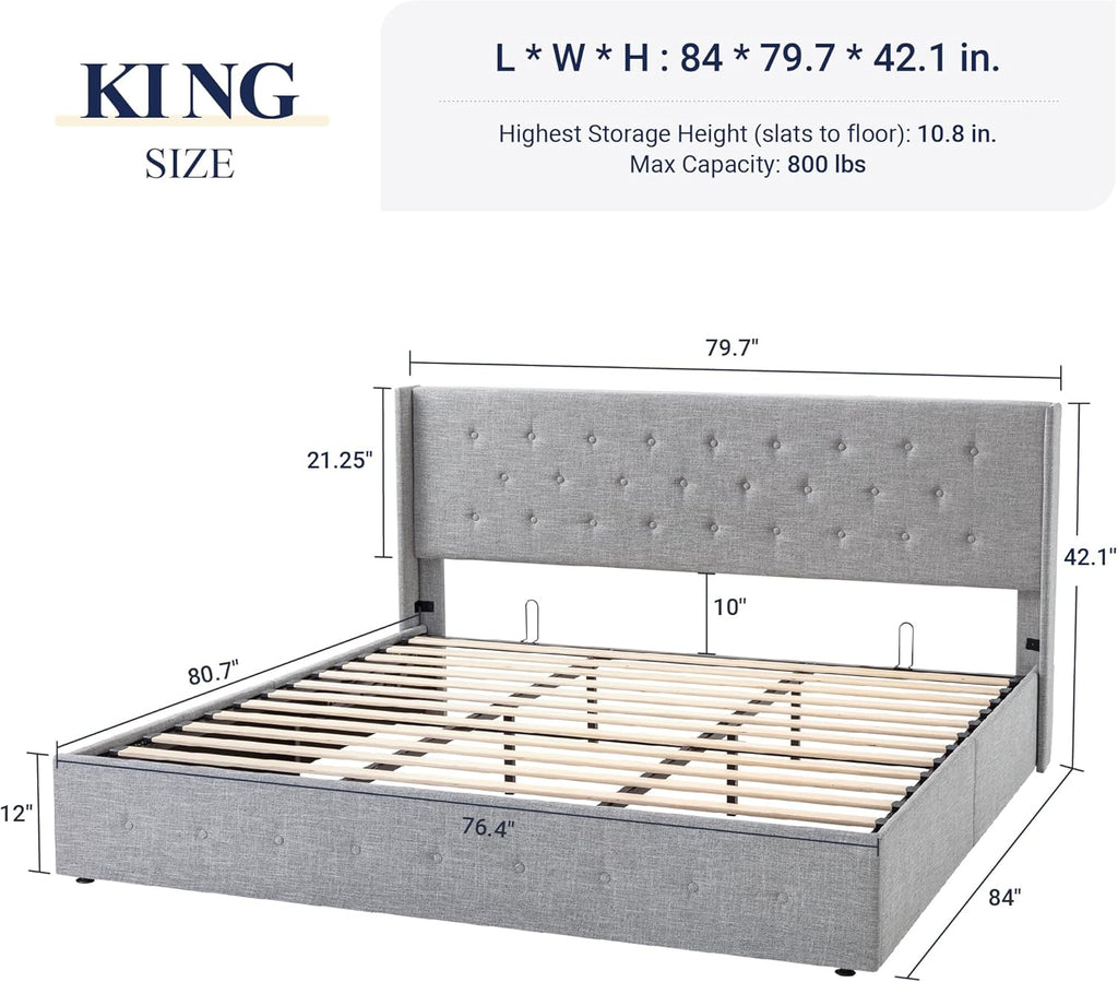 Allewie Queen Size Lift Up Storage Bed Modern Wingback Headboard Hydraulic Support
