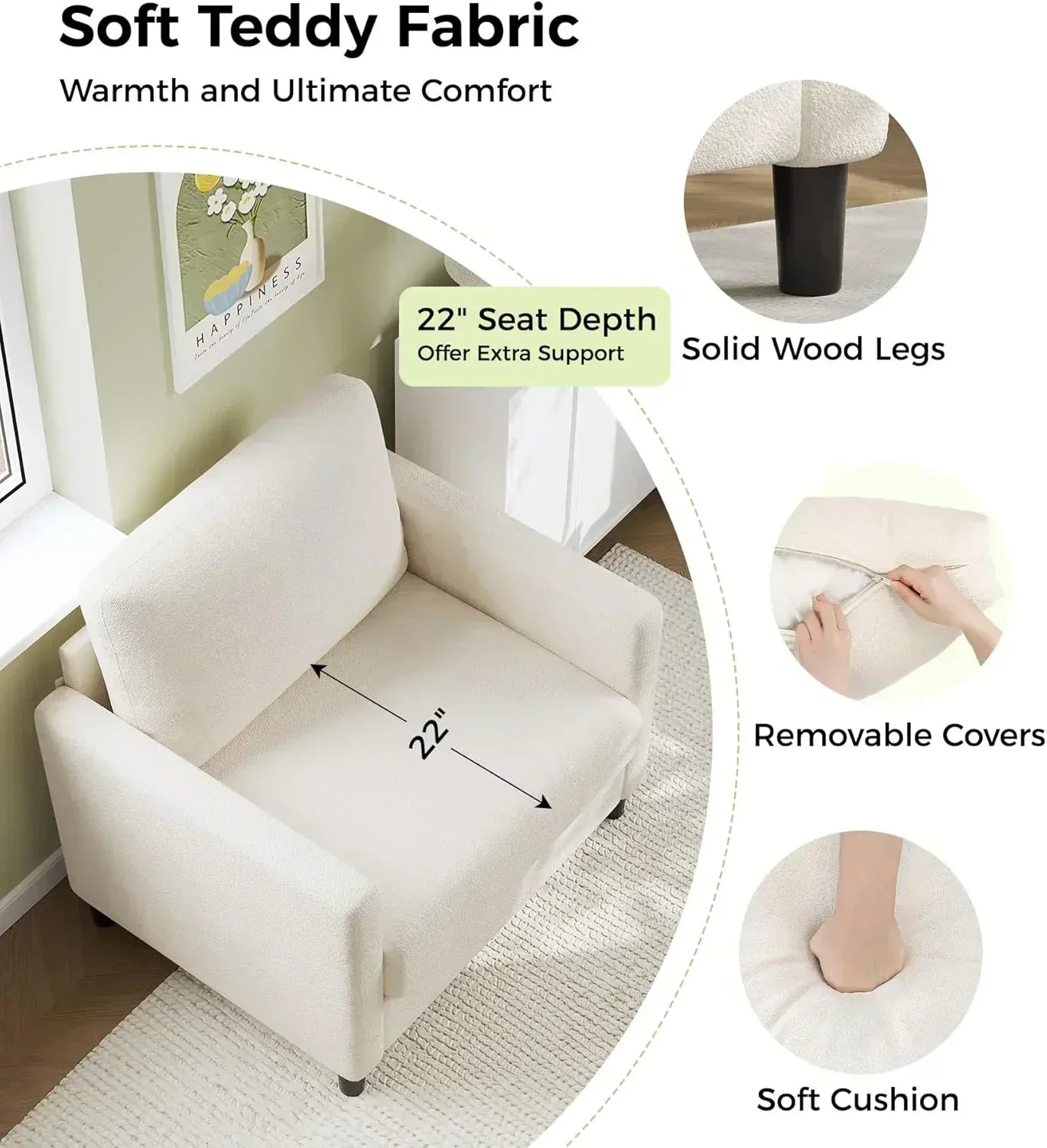 Loveseat Sofa 51 Love Seat Comfy Corduroy Small Loveseat Tool-Free Setup Couch