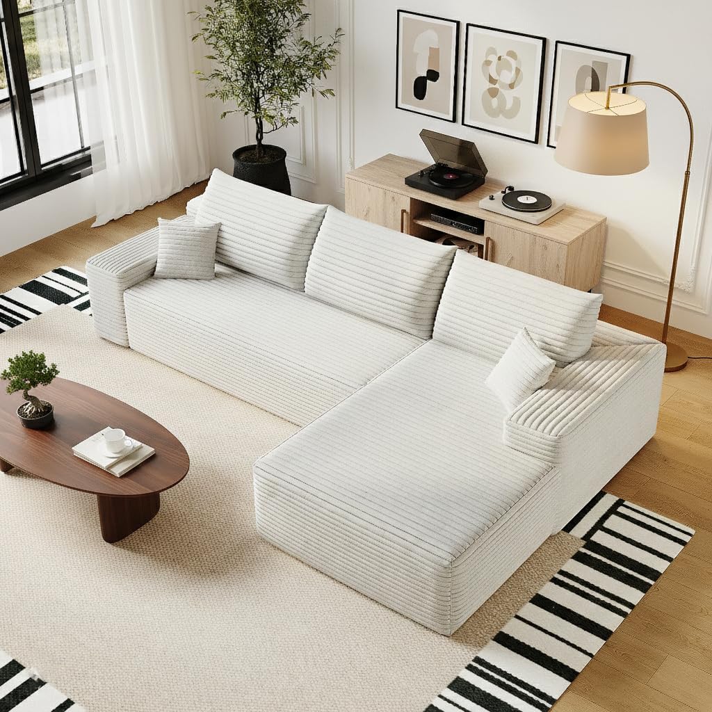 135 Oversized Compressed Sectional Sofa - 33D High-Density Foam Cloud Couch with Deep Seat - Minimalist 3-Piece Corduroy Upholstered Boneless Modular Lounge Couch | Breathable material, Full Foam, Anti-slip