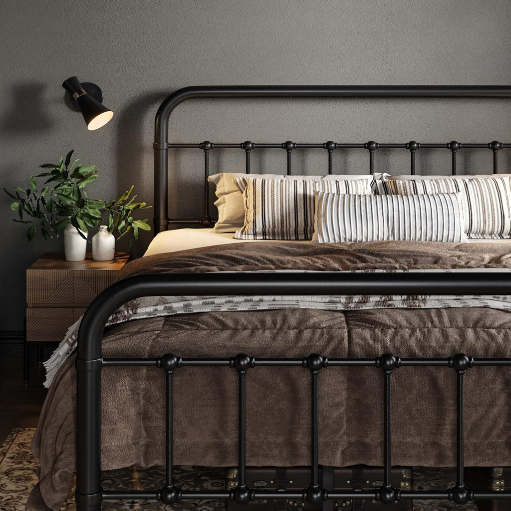 Allewie Queen Size Metal Platform Bed Frame with Victorian Style Wrought Iron-Art Headboard
