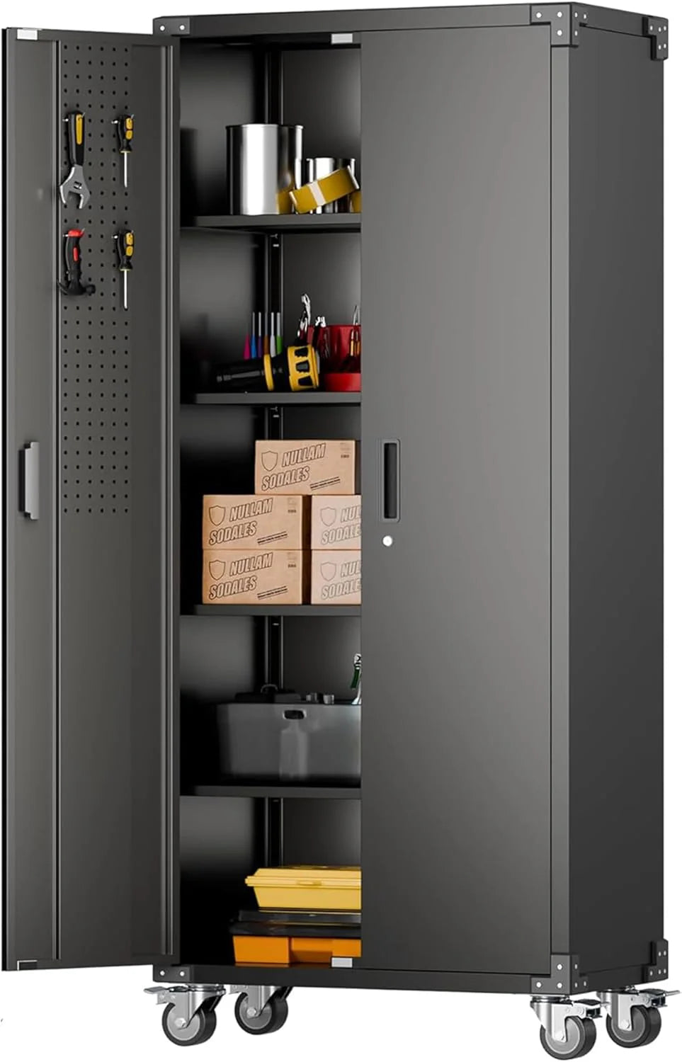 Aobabo Upgraded Garage Storage Cabinets with Wheels,Metal Storage Cabinets with 5 Adjustable Shelves for Garage Home Office Storage, Black,71''H*34''W*18''D,Assembly Required