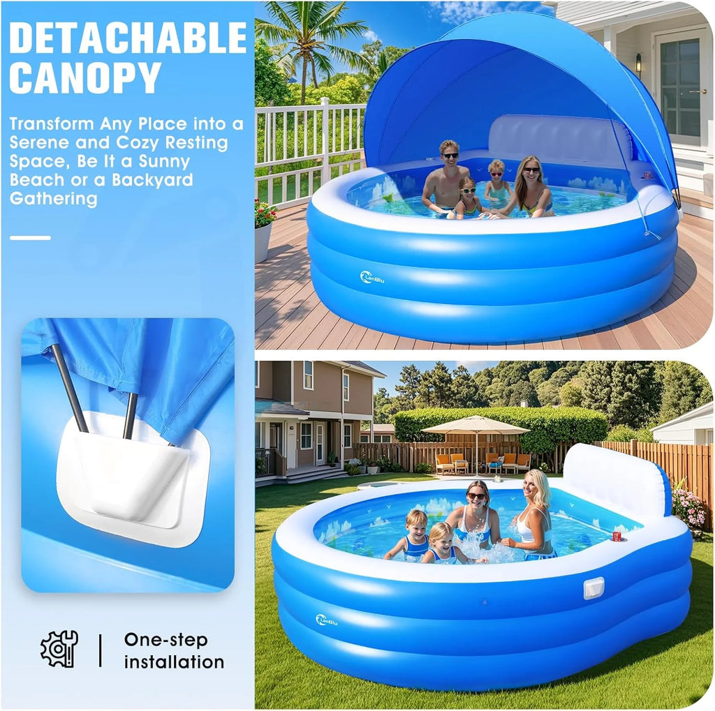 2025 Upgraded Inflatable Pool with Canopy, Inflatable Family Lounge Pool, Round Blow Up Pool for Adult with Bench & Backrest, Swim Center Easy Backyard Pools for Kids & Adults, 92x92x26, Blue