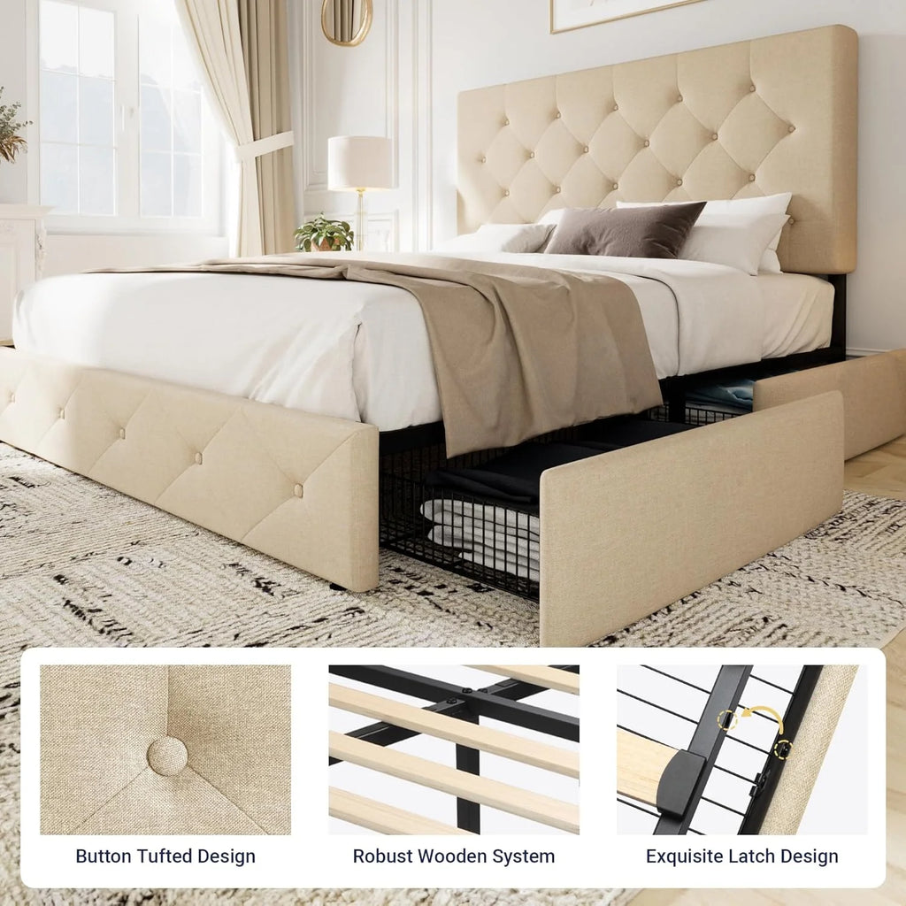 Allewie Upholstered Queen Size Platform Bed Frame with 4 Storage Drawers and Headboard