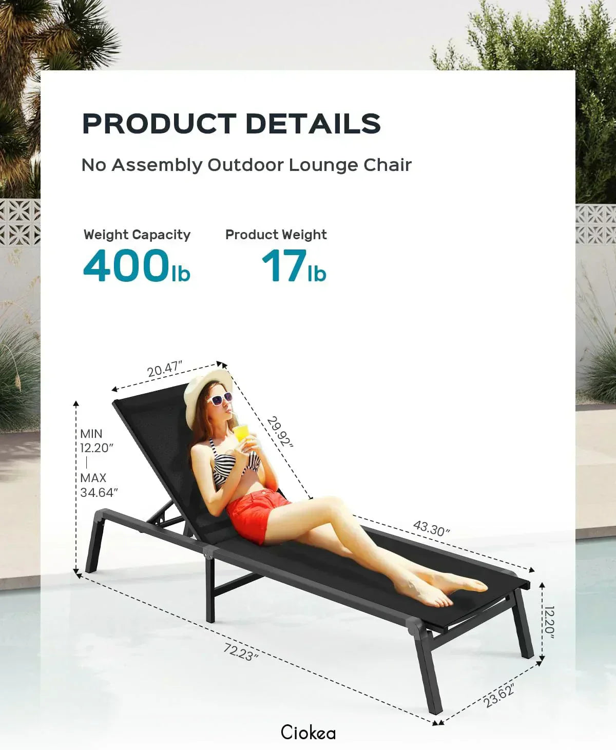 Aluminum Chaise Lounge Outdoor Foldable Assemble Free Outdoor Lounge Chair 5 Adjustable Backrest