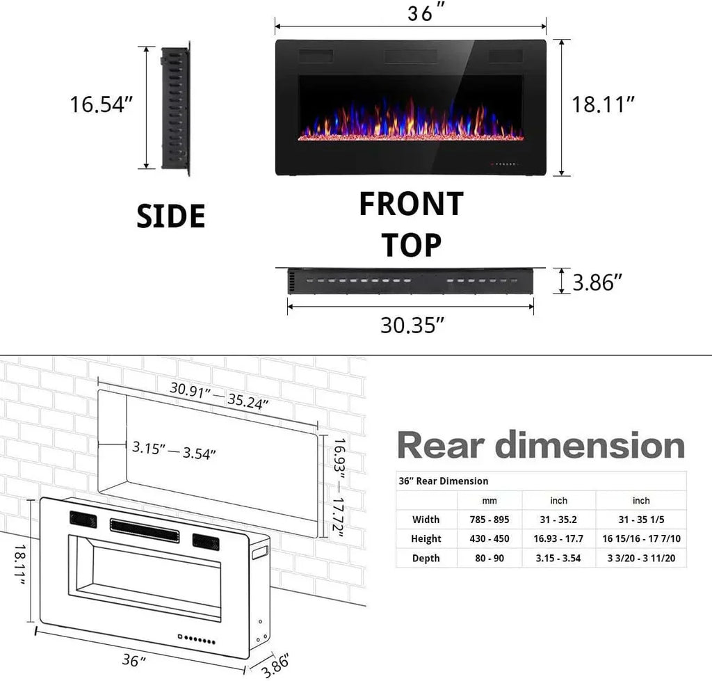 R.W.FLAME 60 Recessed and Wall Mounted Electric Fireplace Low Noise Fit for 2 x 6 Stud