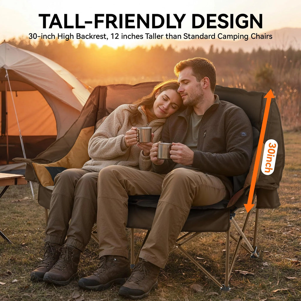 High Back Double Camping Chair Low Seat Folding Loveseat with Cup Holders and Carry Bag 800 lbs