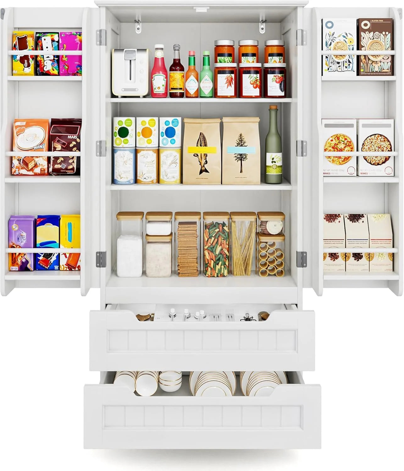 Gizoon Kitchen Pantry Storage Cabinet with Drawers Freestanding Bathroom Storage Cabinets with Doors and Shelves, 47 Small Food Pantry Cabinet for Dining Room Craft Room, White