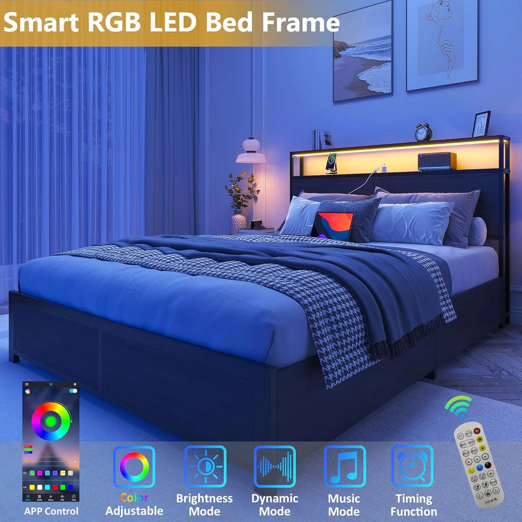 Lifezone Queen Bed Frame with 2-Tier Storage Headboard, Metal Platform Bed Frame with 4 Storage Drawers, Built in Charging Station & LED, Noise-Free/Metal Support/No Box Spring Needed