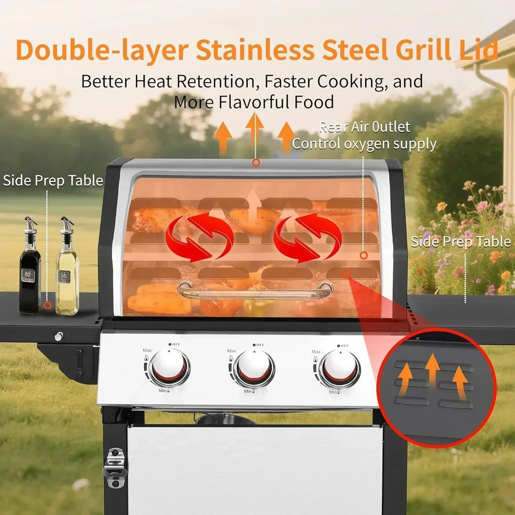 3-Burner Propane Gas Grill 30,000 BTU Output Double-layer Stainless Steel Grill Lid Cooking Grids