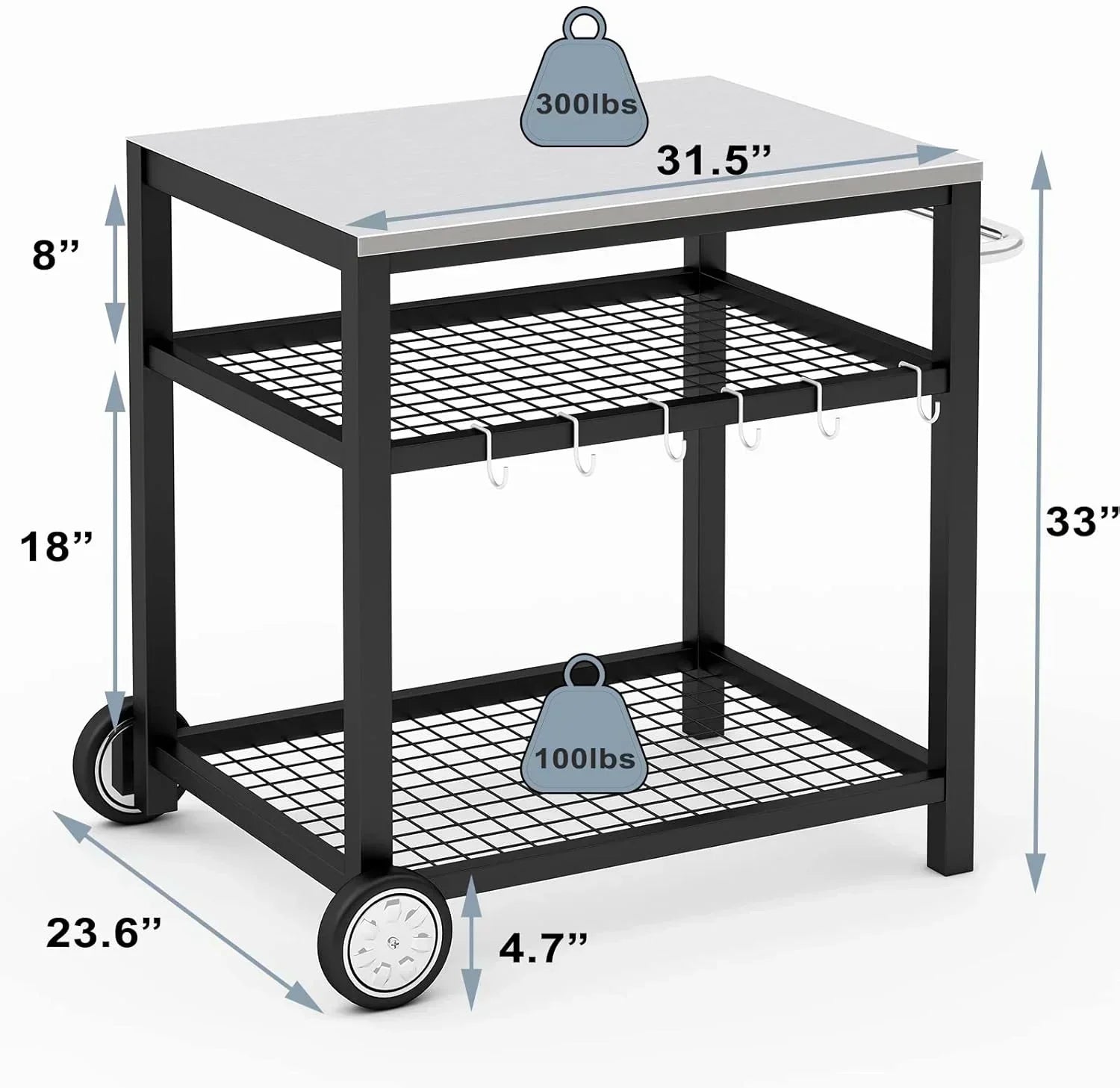 Stainless Steel Outdoor Grill Cart Pizza Oven Stand Trolley Table with Wheels Three-Shelf