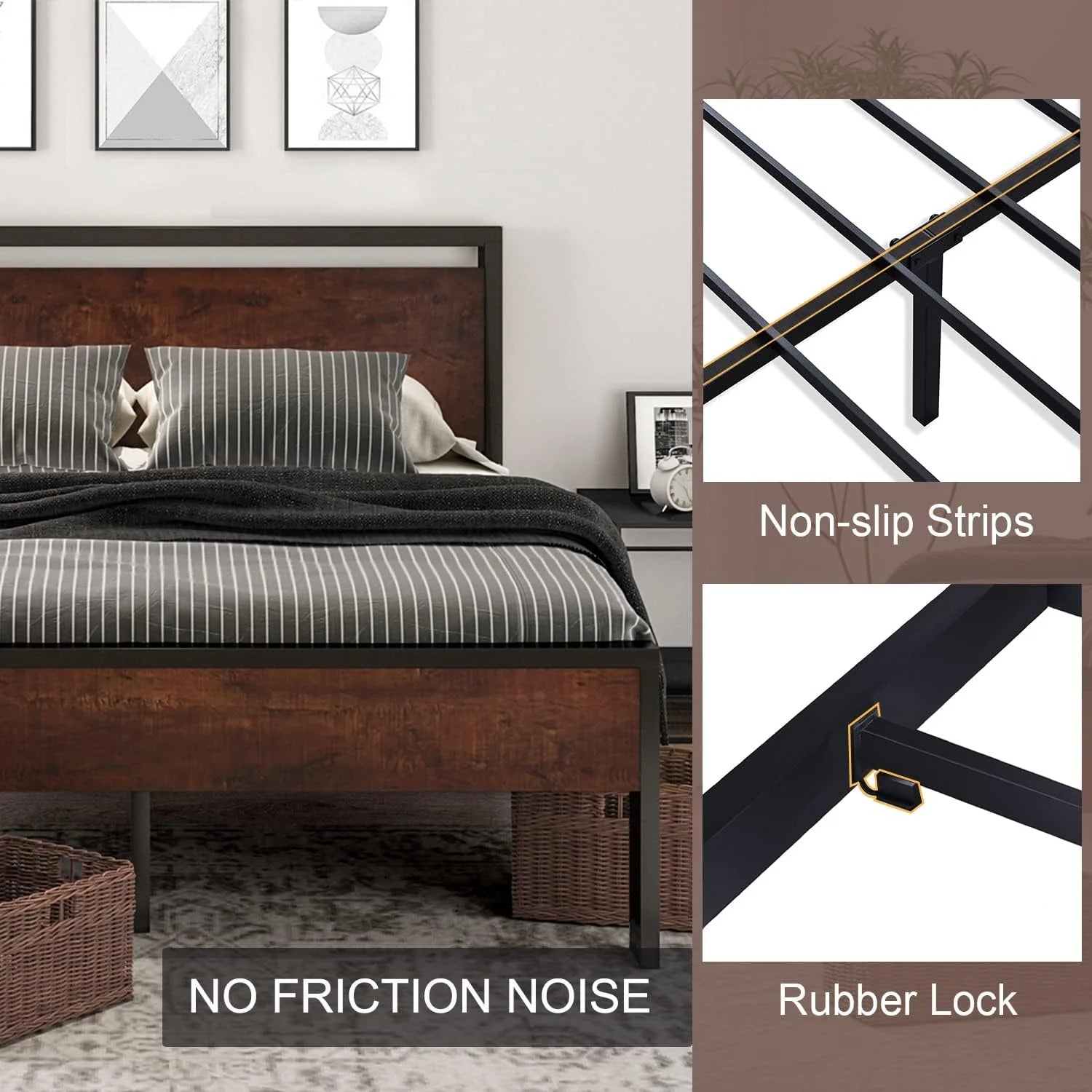 SHA CERLIN 14 Inch Queen Size Metal Platform Bed Frame with Wooden Headboard and Footboard