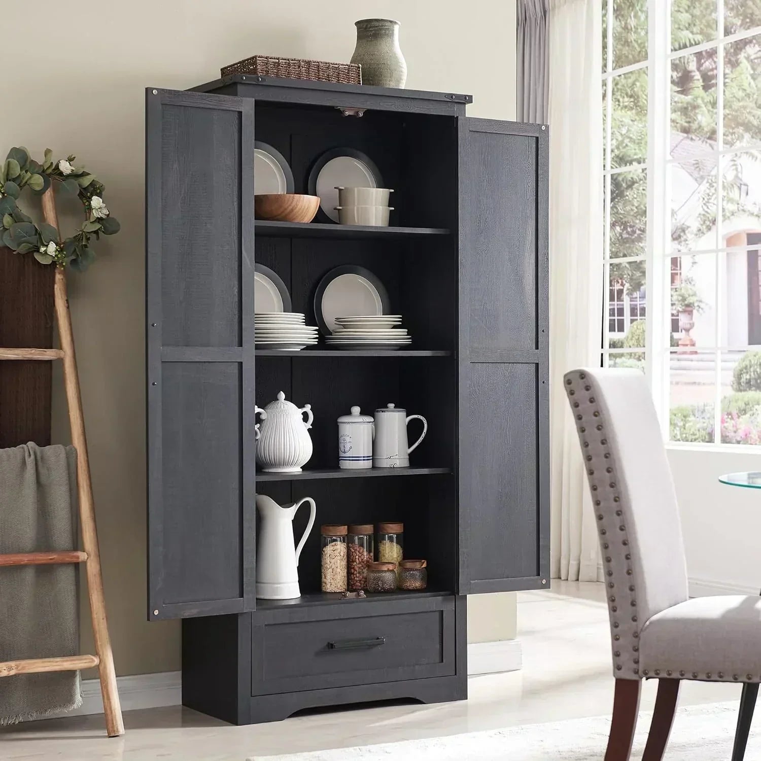 JXQTLINGMU Farmhouse Kitchen Pantry 72 Tall Wood Kitchen Storage Cabinet Adjustable Shelves