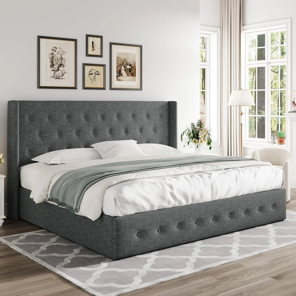 Allewie Queen Size Lift Up Storage Bed Modern Wingback Headboard Hydraulic Support