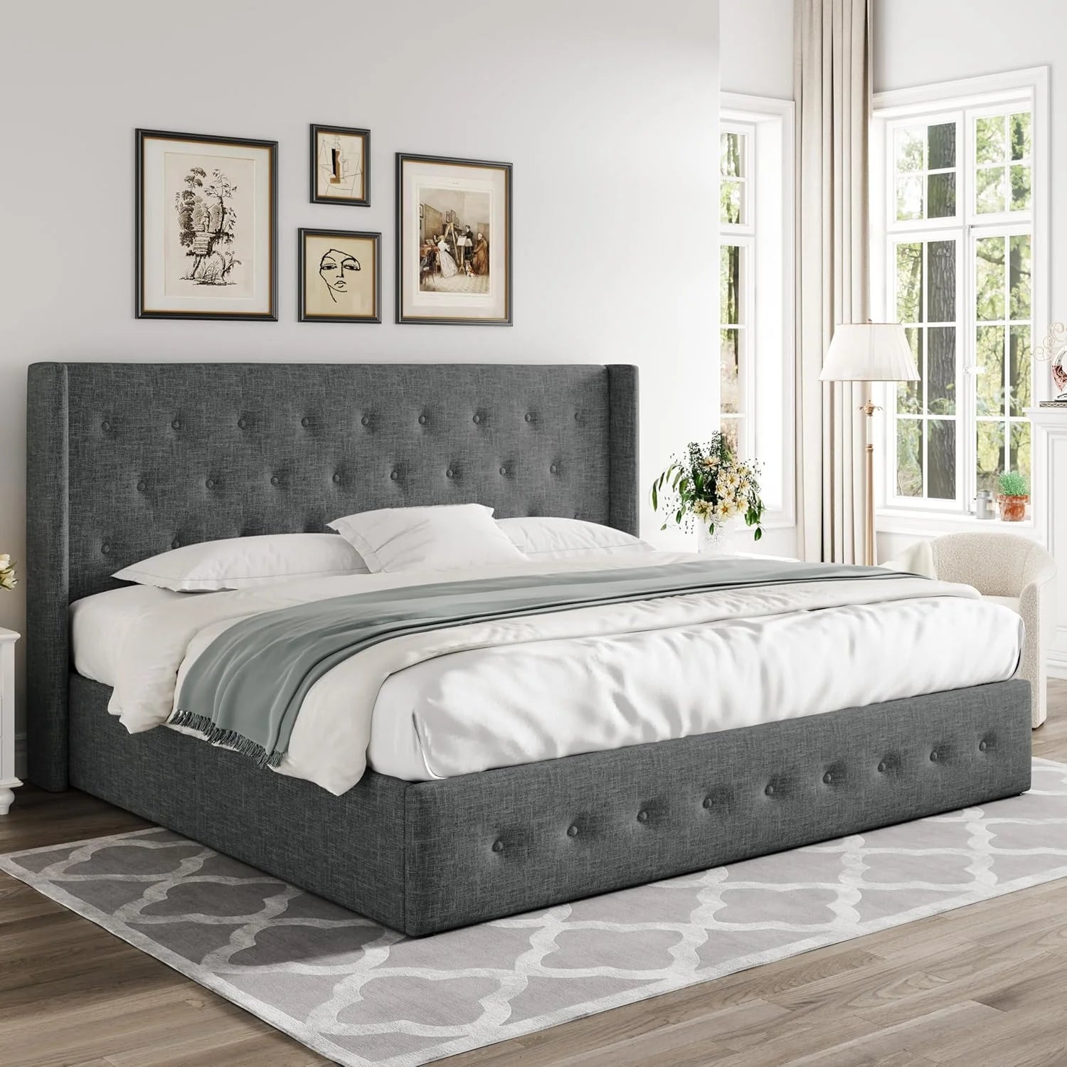 Allewie Queen Size Lift Up Storage Bed Modern Wingback Headboard Hydraulic Support