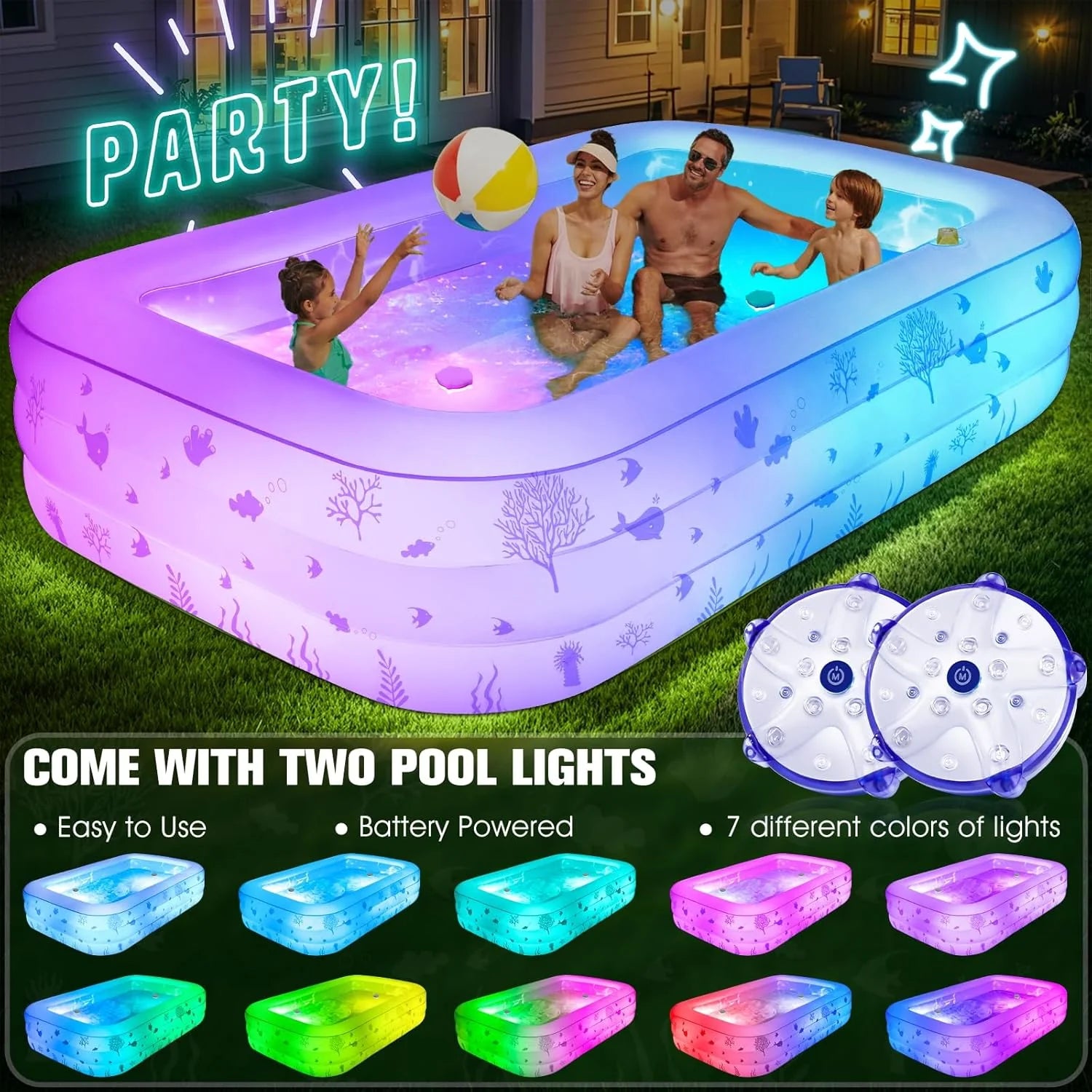 Inflatable Pool with Seat and Pool Lights, Durable Thickened Large Size Family Inflatable Pools for Adults Blow Up Pools,105 x 65 x 25Swimming Inflatable Kids PooI for Backyard,Outdoor (White)