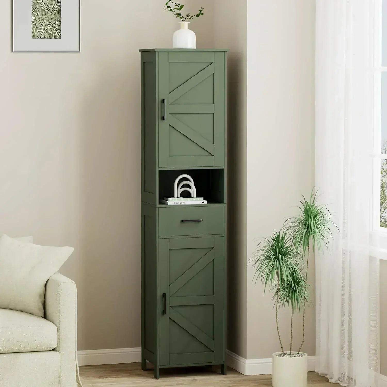 Homhedy 67 H Tall Bathroom Storage Cabinet with 2 Barn Doors and 1 Drawer Narrow Storage Unit