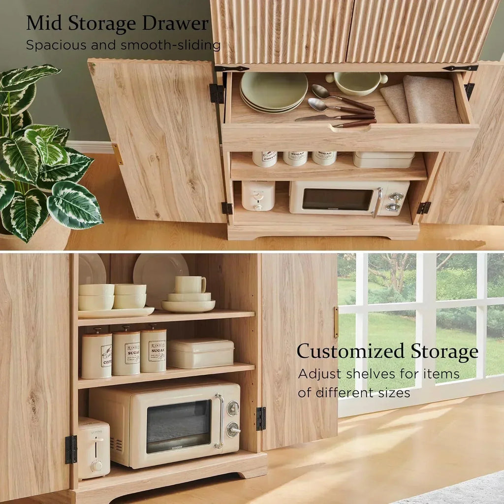 Fluted Pantry Cabinet 72 Tall Modern Storage Cabinet with 4 Doors Organizer Drawer