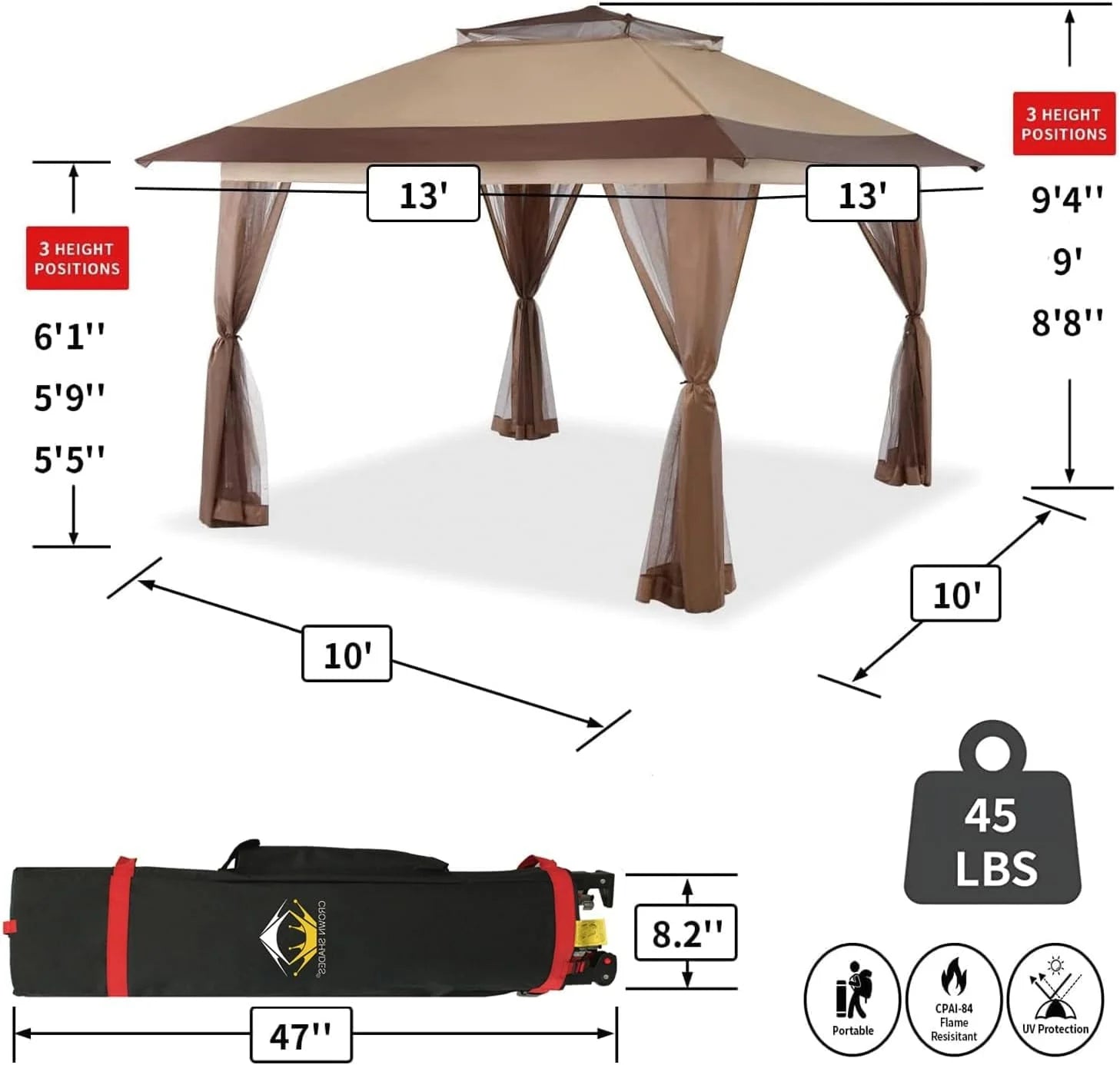 CROWN SHADES 13x13 Pop Up Gazebo, Canopy Tent, Gazebos on Clearance - Outdoor Gazebo for Backyard & Patio Furniture - Carpa Pop Up Tent with Wheeled STO-N-Go Cover Bag (White)