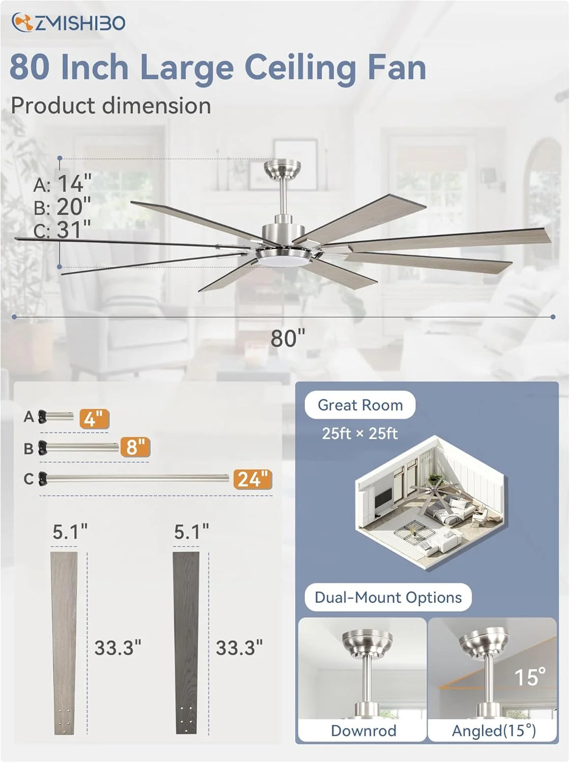 ZMISHIBO 72 inch Large Ceiling Fans with Lights and Remote, Indoor/Outdoor Black Modern Ceiling Fan for Kitchen Living Room Patio, 6 Speed Reversible Quiet DC Motor, 3 CCT, Dual Finish 8 Blades