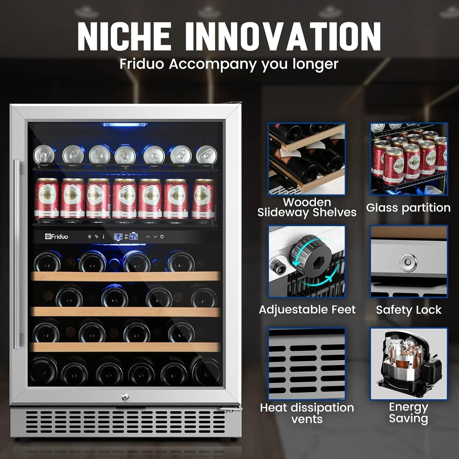 24 inch Dual Zone Beverage Refrigerator, 30 Bottles & 82 Cans Wine Fridge Built-in or Freestanding with Glass Door, Wine and Beverage Refrigerator Cooler for Kitchen Home Bar