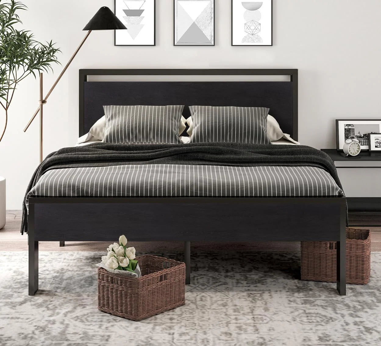 SHA CERLIN 14 Inch Queen Size Metal Platform Bed Frame with Wooden Headboard and Footboard