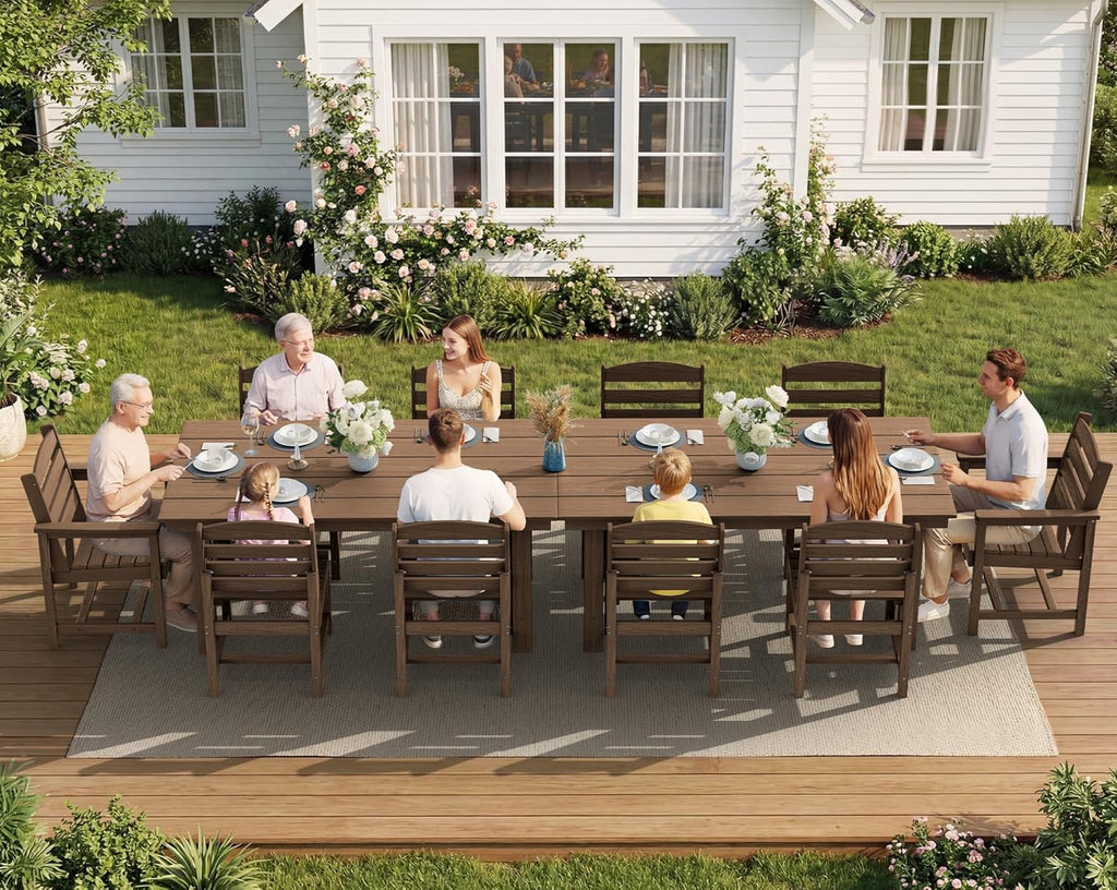 SERWALL 7-Piece Patio Dining Table Sets, Outdoor HDPE Dining Furniture Set with Umbrella Hole Cut-Out Table and 6 Chairs, Blue