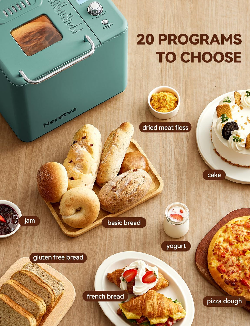 Neretva Bread Maker, 20-IN-1 2LB Bread Machine Dual Heater Bread Maker Machine Automatic with Nonstick Ceramic Pan, 15H Timer & 1H Keep Warm Set, Low Noise, Stainless Steel Breadmaker Recipe-Green