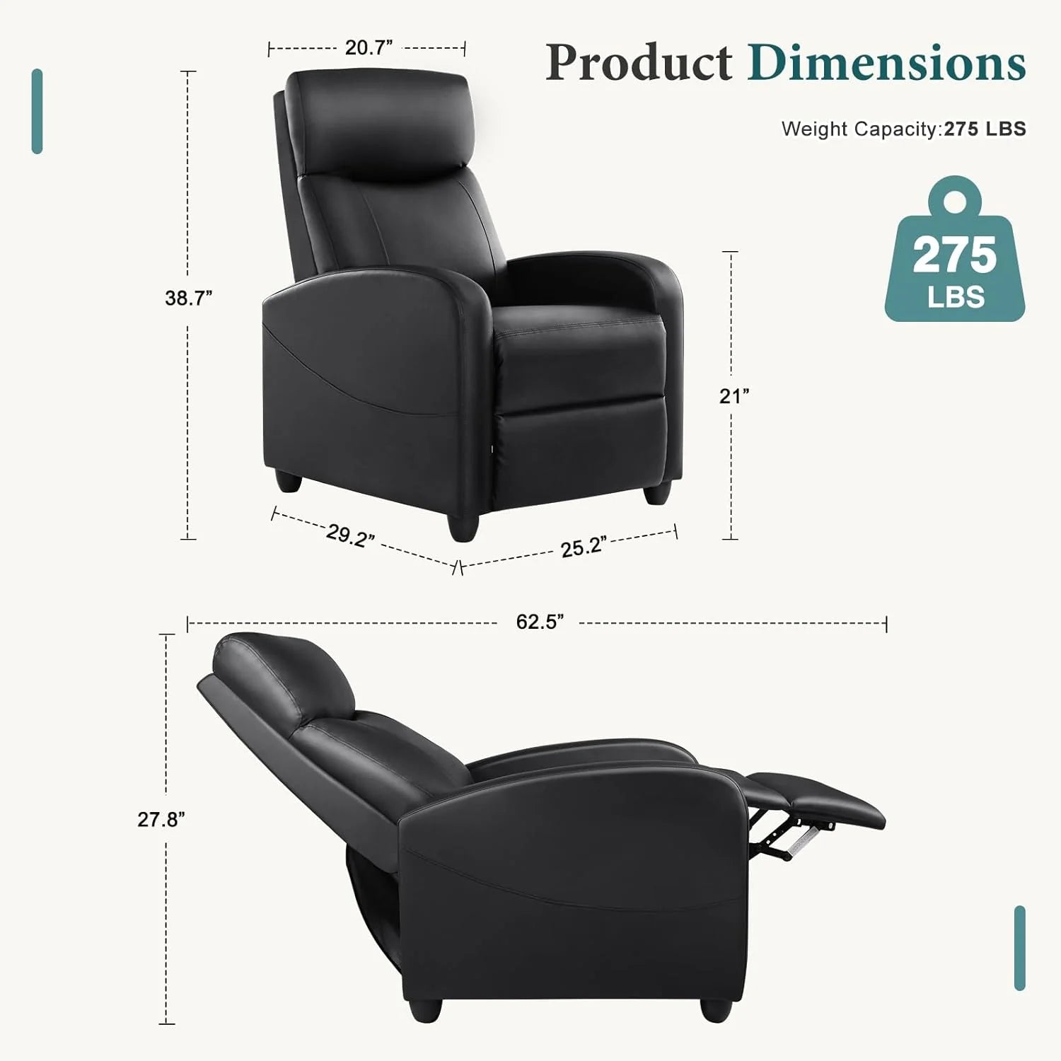 DUMOS Recliner Chair for Adults, Massage Reclining Chair for Living Room, Adjustable Home Theater Seating Single Sofa with Padded Seat Backrest and Footrest, Linen, Grey