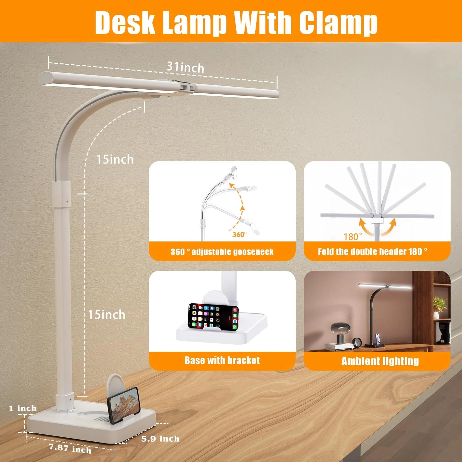 LED Desk Lamp for Home Office Double Head 24W Architect Light with 5 Brightness Levels Flexible Gooseneck