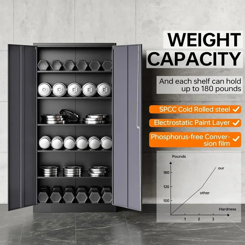 Metal Storage Cabinet with 2 Doors and 6 Shelves Black Metal Cabinet Garage Storage Cabinet