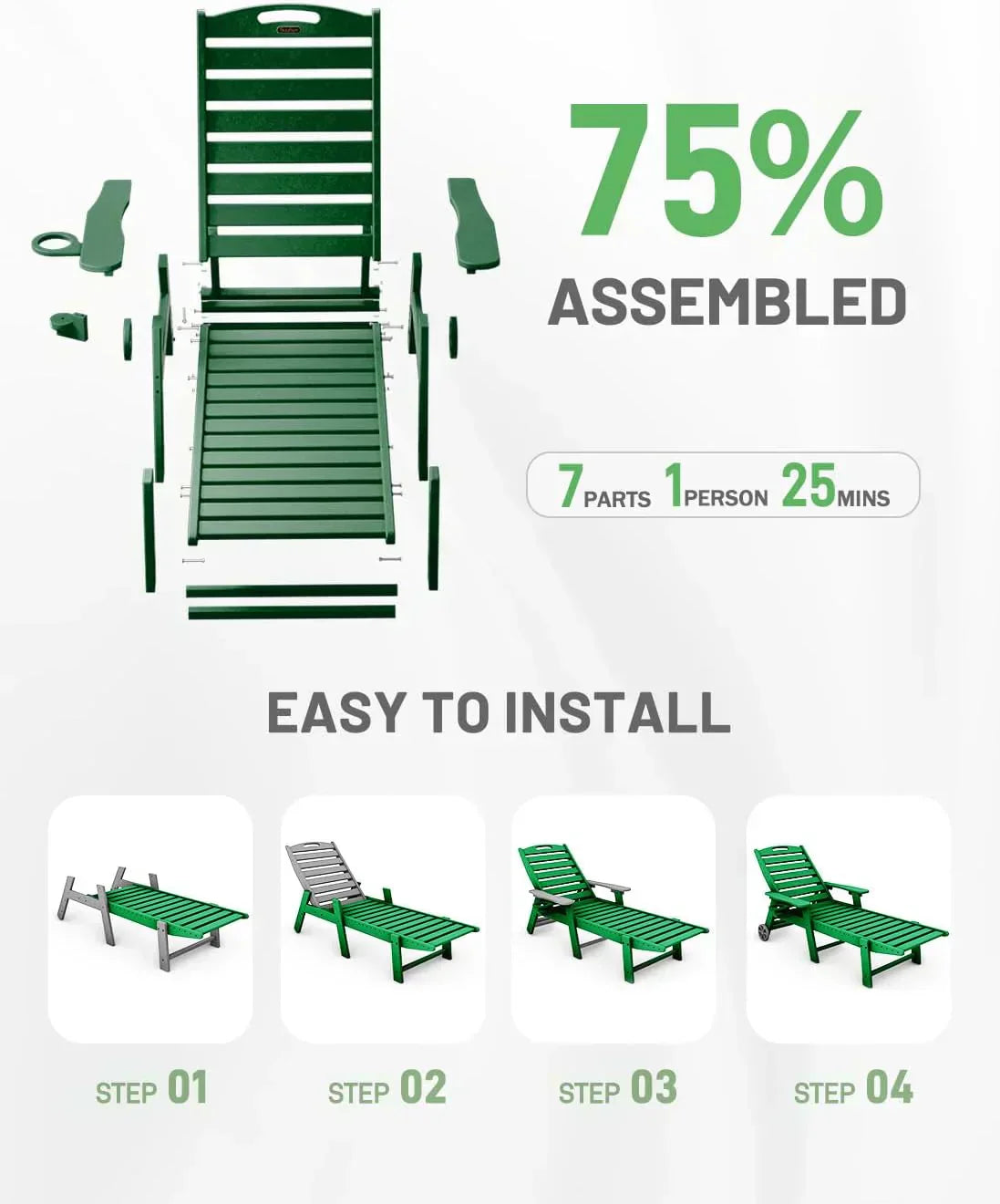 Lounge Chair Outdoor Chaise Lounge HDPE 6-Position Outdoor Chaise Lounge Patio Lounge Chair