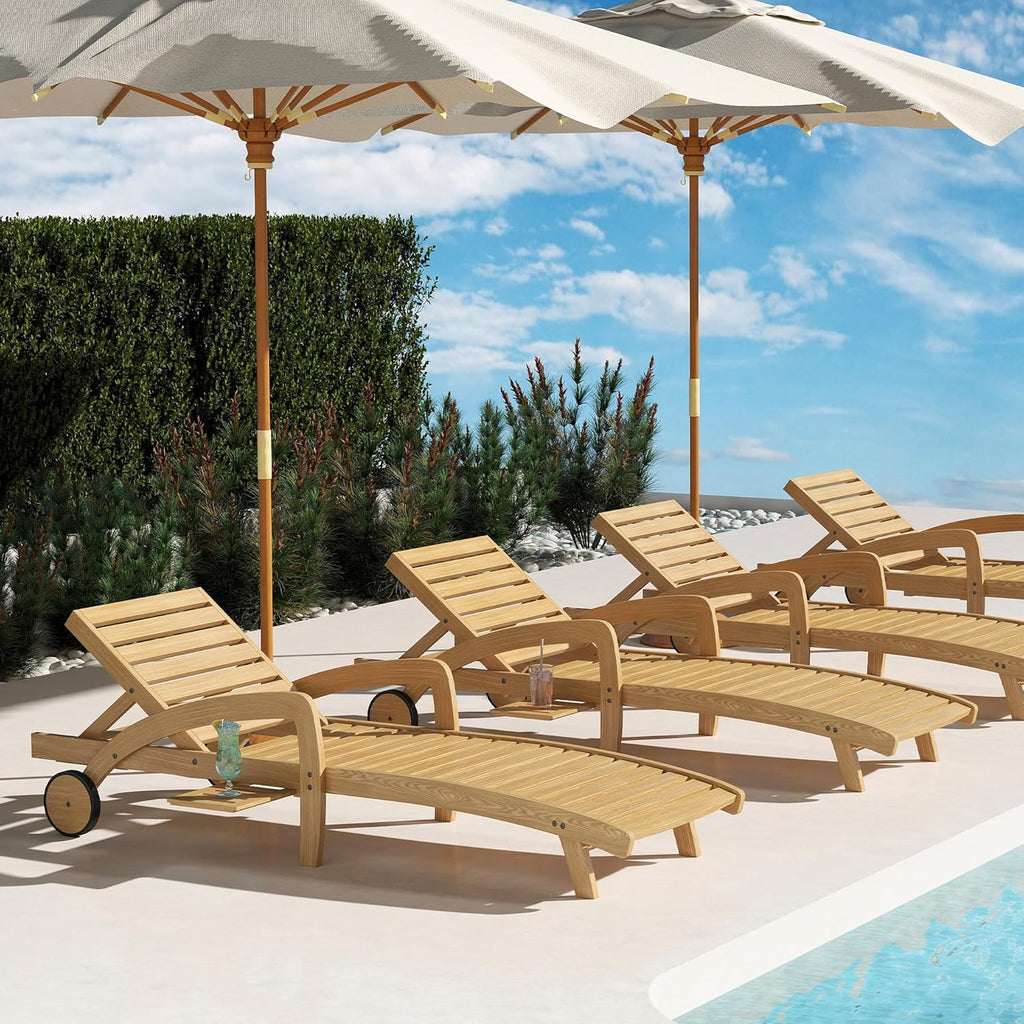 Pool Chaise Lounge Chairs Set of 4 5-Position Adjustable Outdoor Patio Lounge Chairs Wood Reclining Chaise Lounger Chair with Pullout Side Table