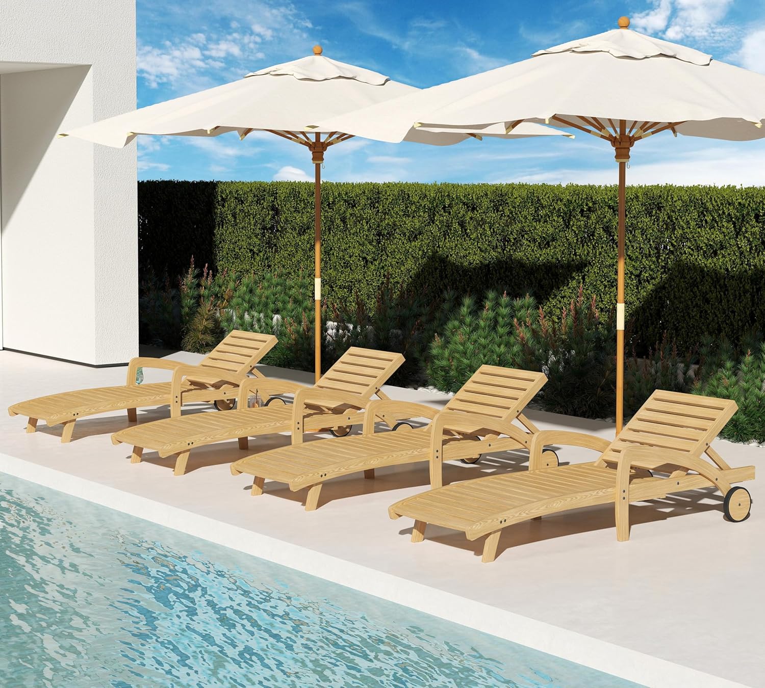 Pool Chaise Lounge Chairs Set of 4 5-Position Adjustable Outdoor Patio Lounge Chairs Wood Reclining Chaise Lounger Chair with Pullout Side Table