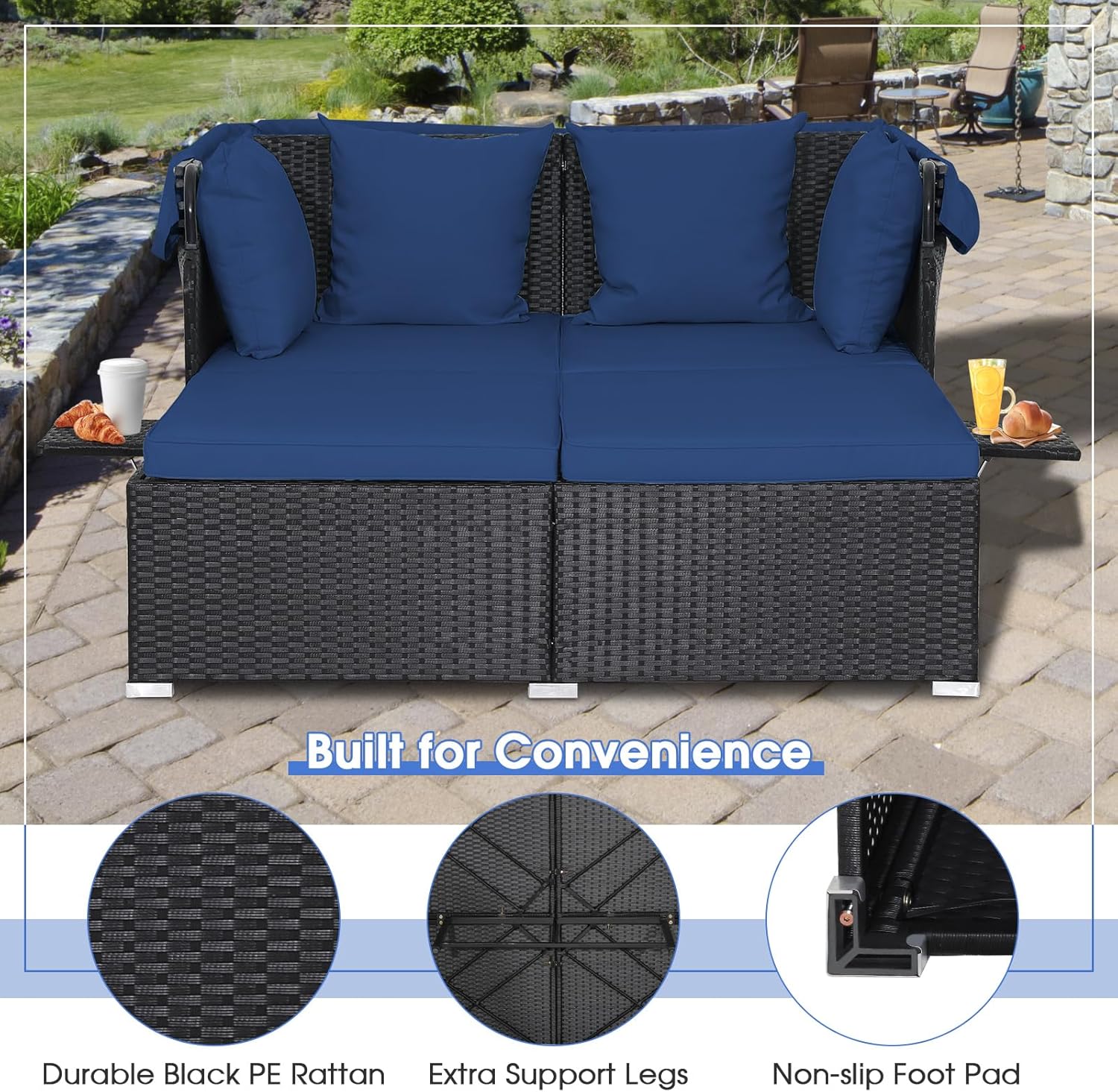 RELAX4LIFE Patio Outdoor Daybed with Canopy Wicker Sunbed Cushions 4 Pillows