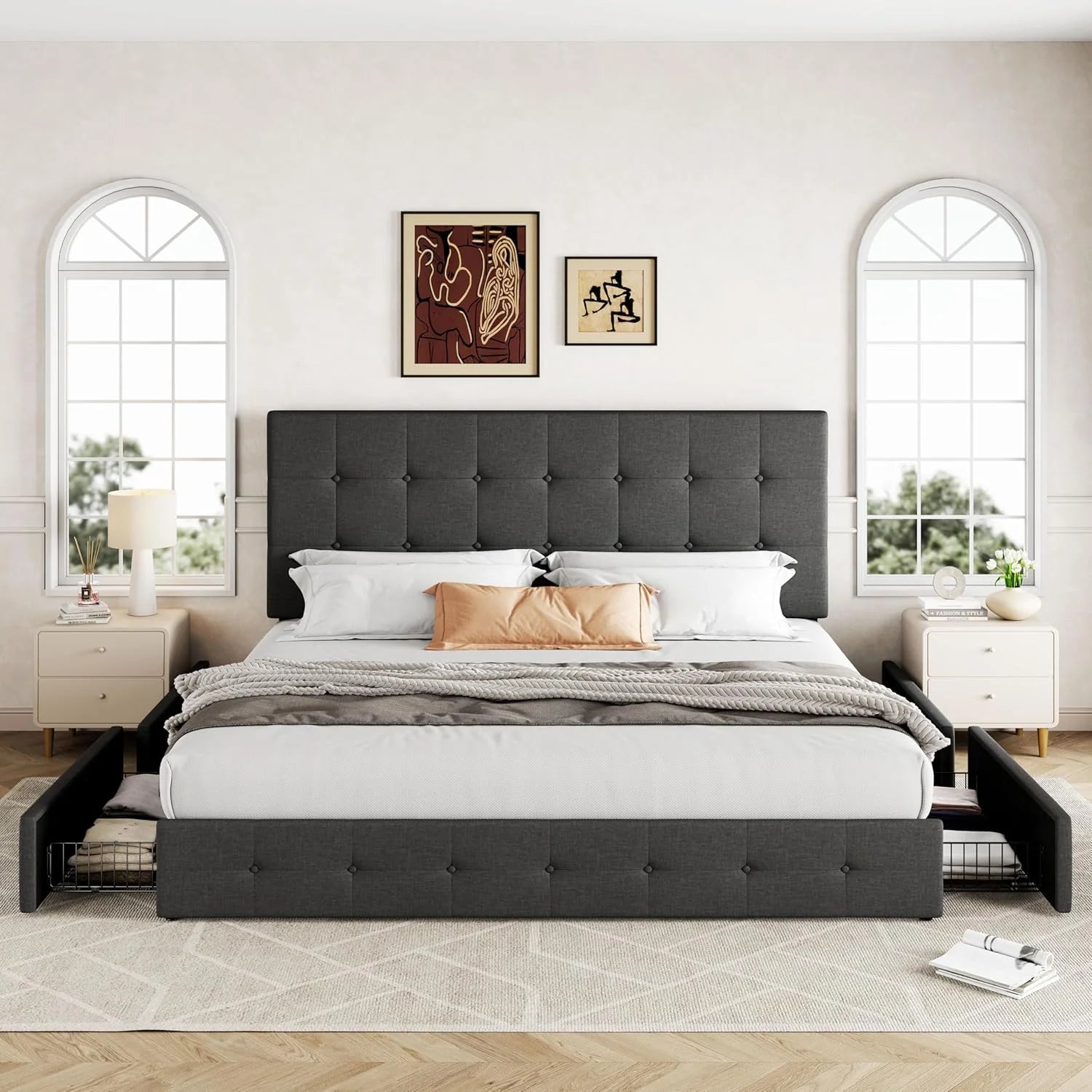 Allewie Upholstered Queen Size Platform Bed Frame with 4 Storage Drawers and Headboard