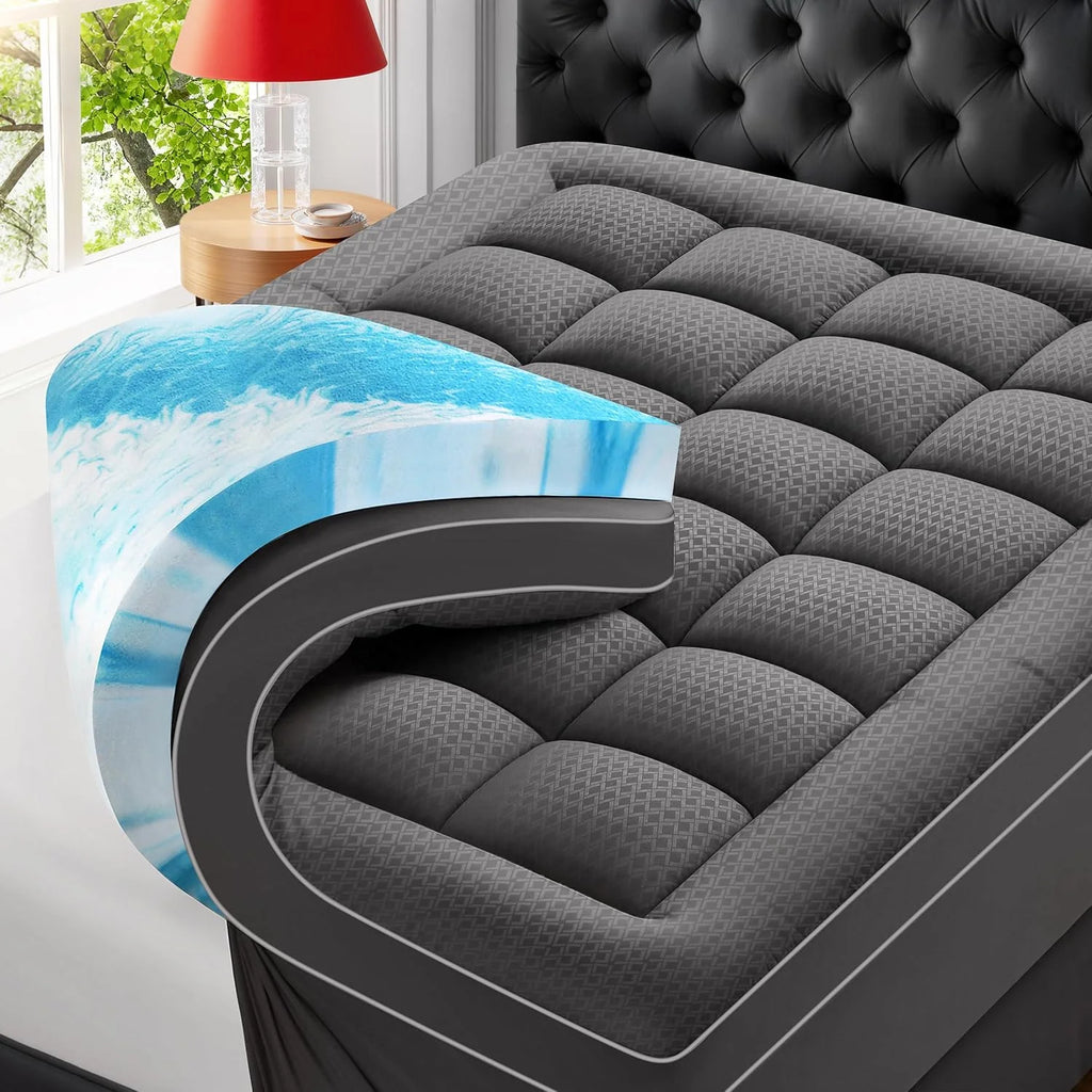 Premium Dual Layer 4 Inch Memory Foam Mattress Topper, 2 Inch Gel Memory Foam and 2 Inch Pillow Top Mattress Pad Cover for Back Pain, Extra Thick Comfort Support