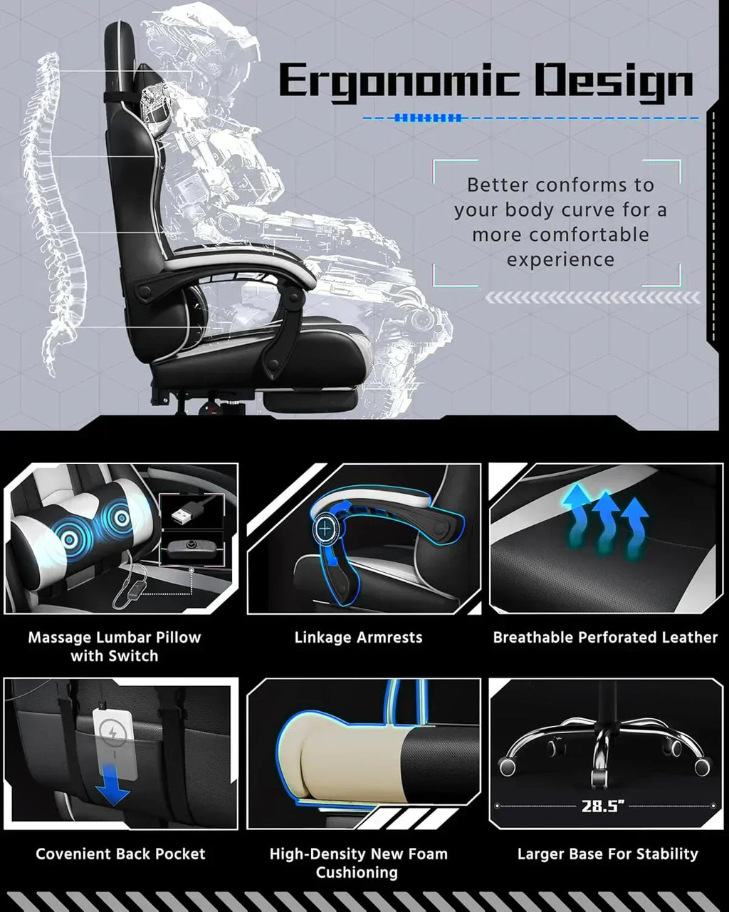 Gaming Chair with Massage Lumbar Support and Footrest Height Office Gaming Chair