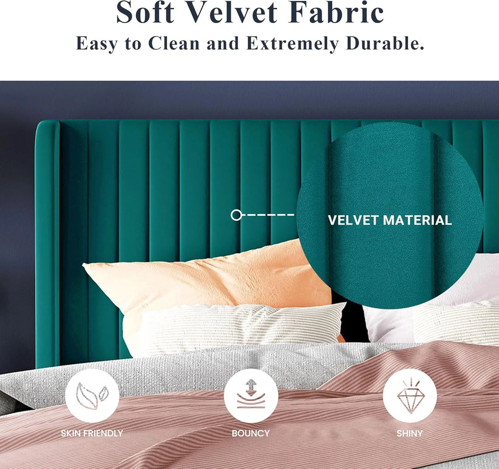 Allewie Full Size Velvet Bed Frame Vertical Channel Tufted Wingback Headboard Upholstered Bed