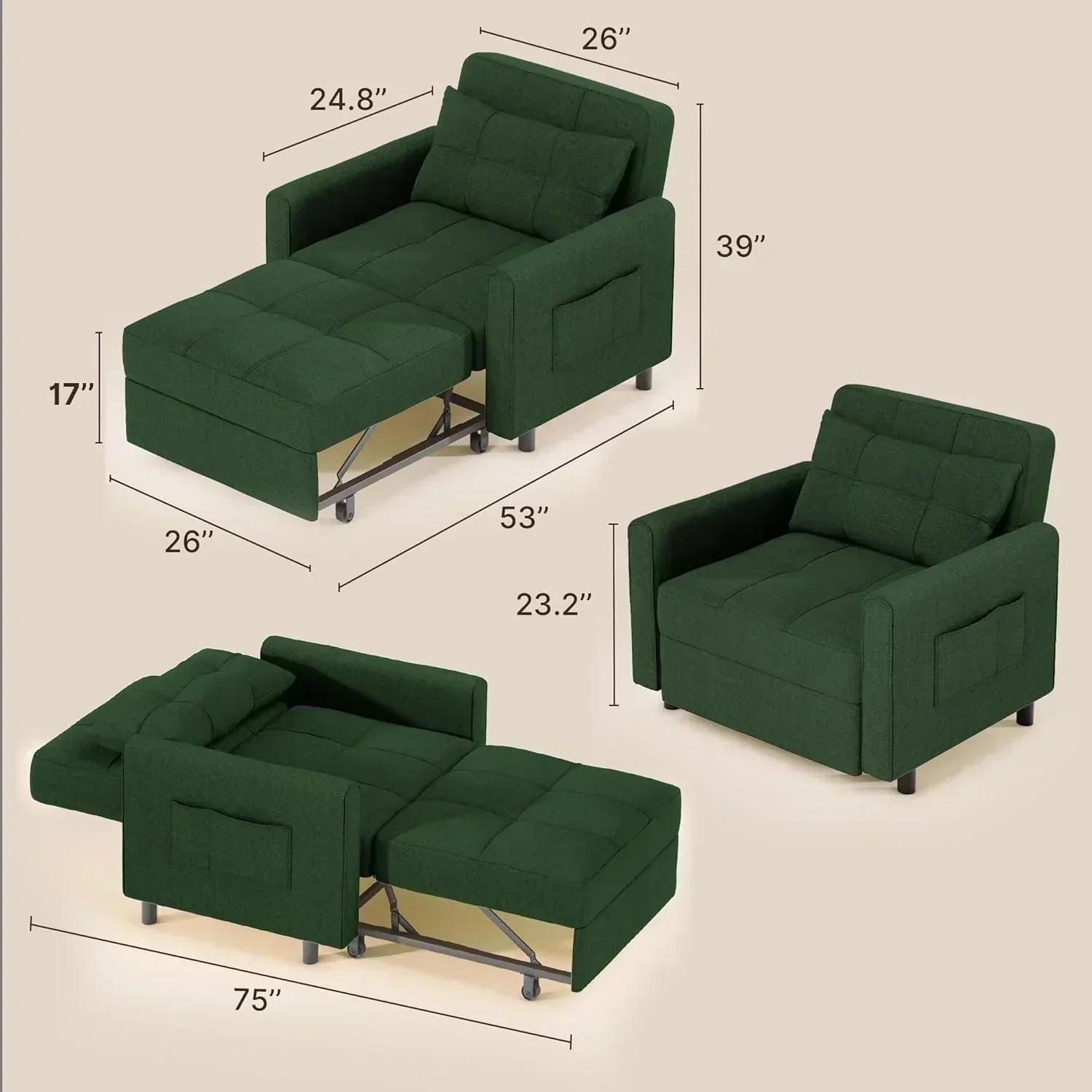 Sofa Bed Chair 3 in 1 Convertible Pullout Single Sleeper Chair Bed Spacious Multifunctional Sofa