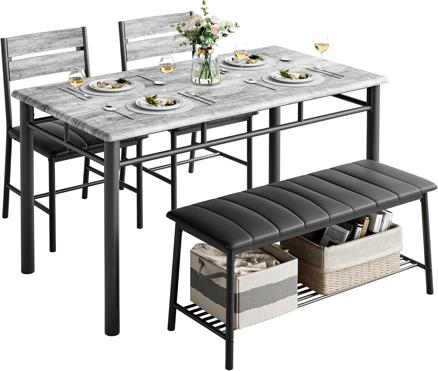 IRONCK Dining Table Set for 4 Kitchen Table with Upholstered Bench Kitchen Table and Chairs Set