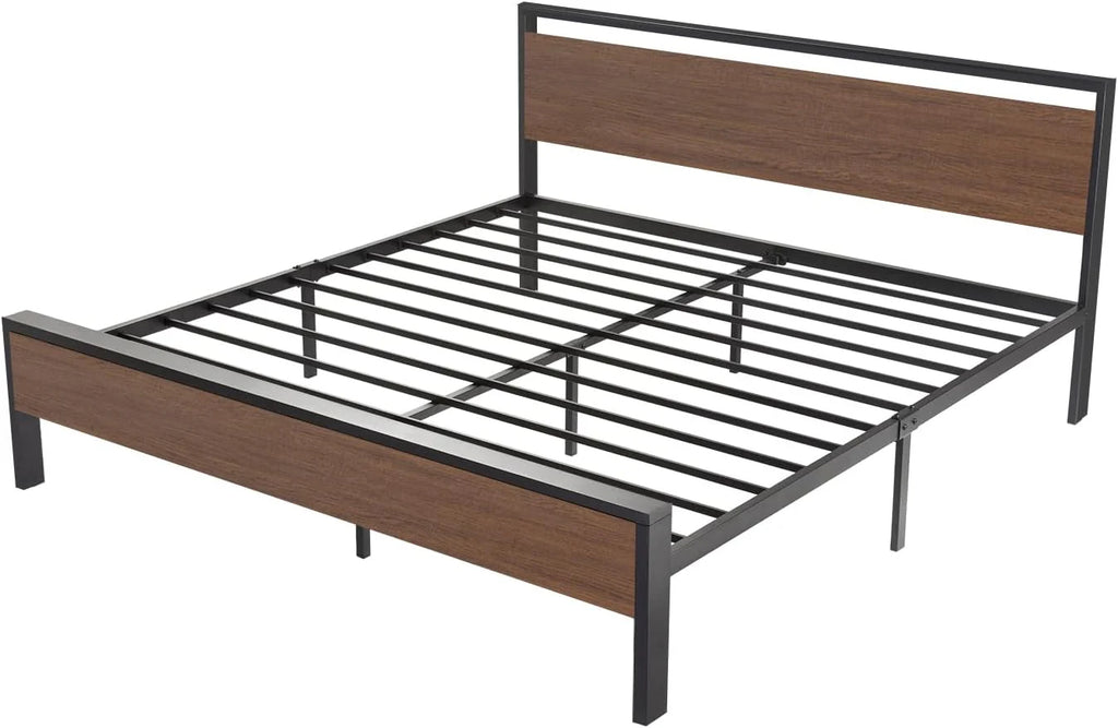 SHA CERLIN 14 Inch Full Size Metal Platform Bed Frame with Wooden Headboard and Footboard