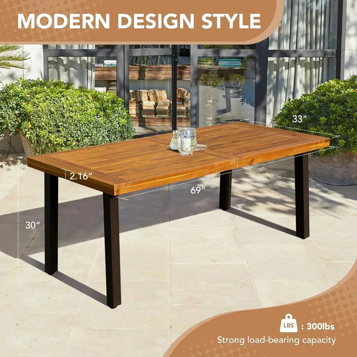 Devoko Home Acacia Wood Dining Table 6-Person Indoor Outdoor Table Iron Legs Sandblast Finish