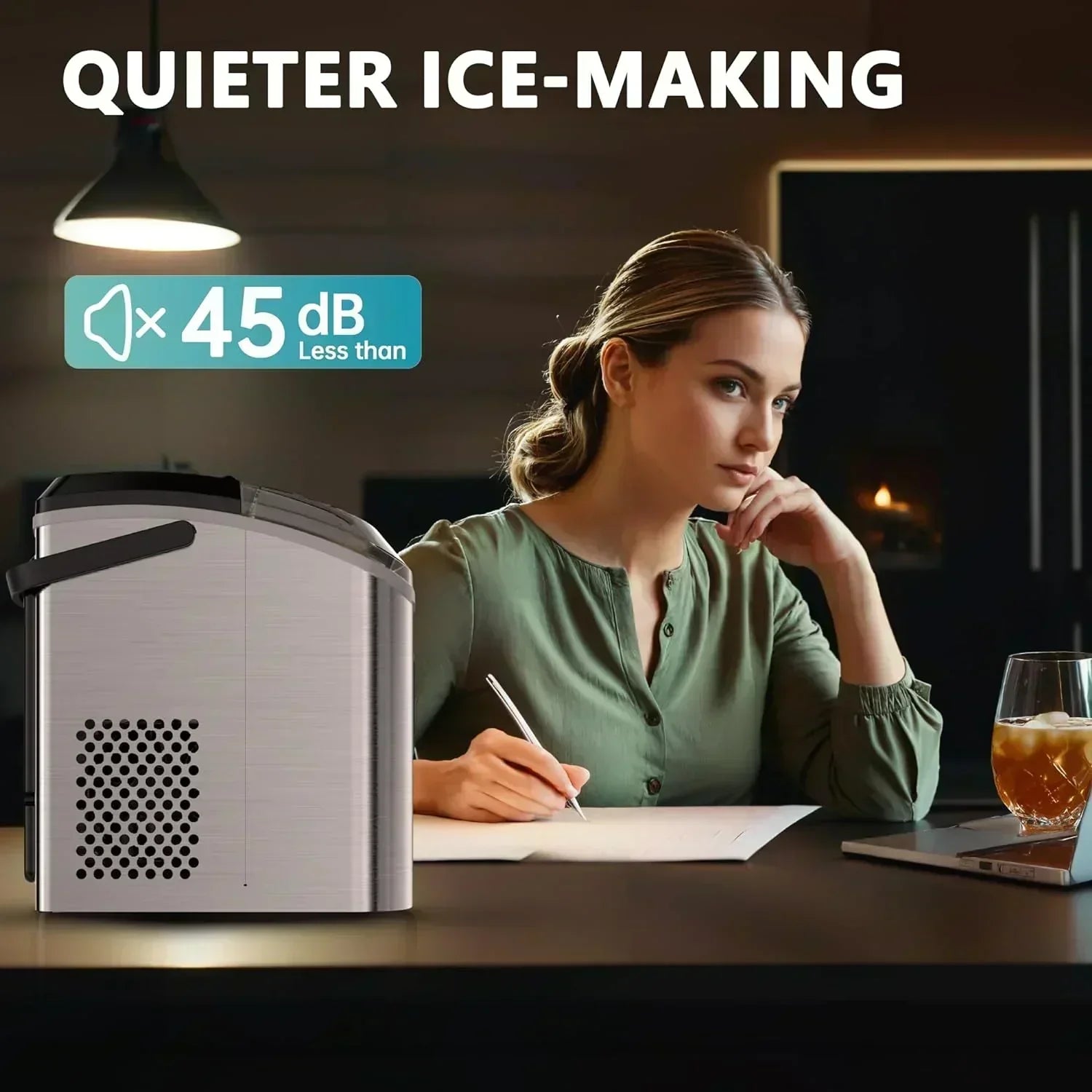 EUHOMY Nugget Ice Maker Countertop with Handle Ready 34lbs Per Day Removable Top Cover