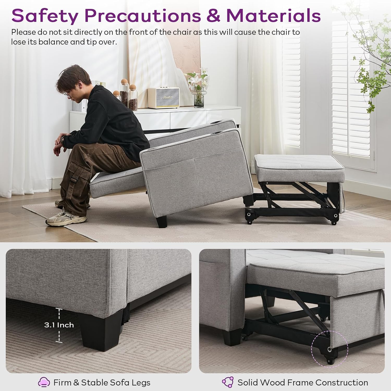 Adult Convertible Sleeper Chair Bed 3-in-1 Pull-Out Sofa Bed with USB/Type-C Ports Cup Holders