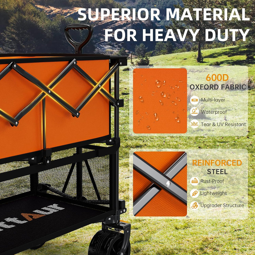 Foldable 50''L Extra Long Double Decker Wagon for Sport 400L Collapsible Heavy Duty Wagon Cart