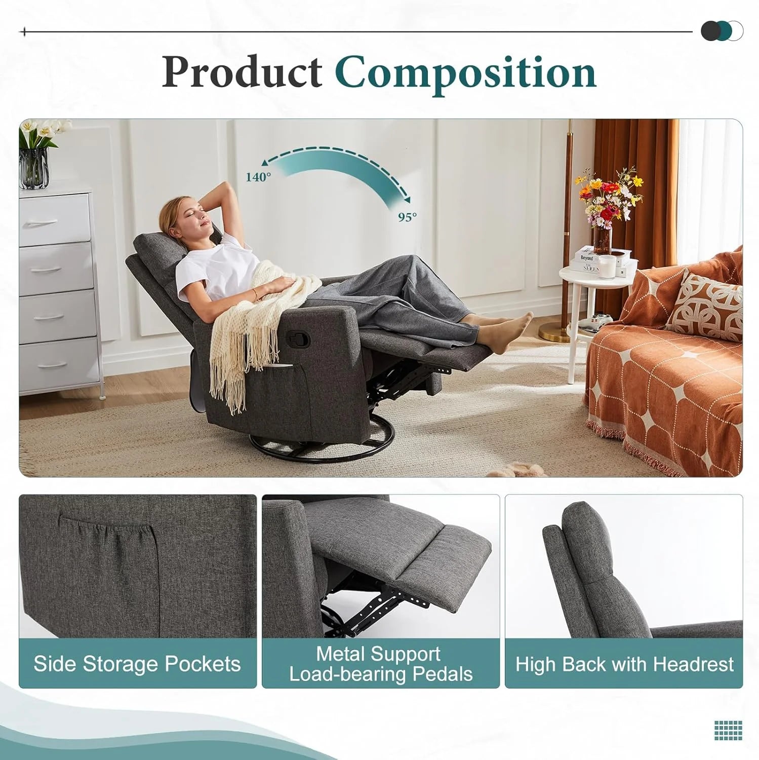 DUMOS Recliner Chair for Adults, Massage Reclining Chair for Living Room, Adjustable Home Theater Seating Single Sofa with Padded Seat Backrest and Footrest, Linen, Grey