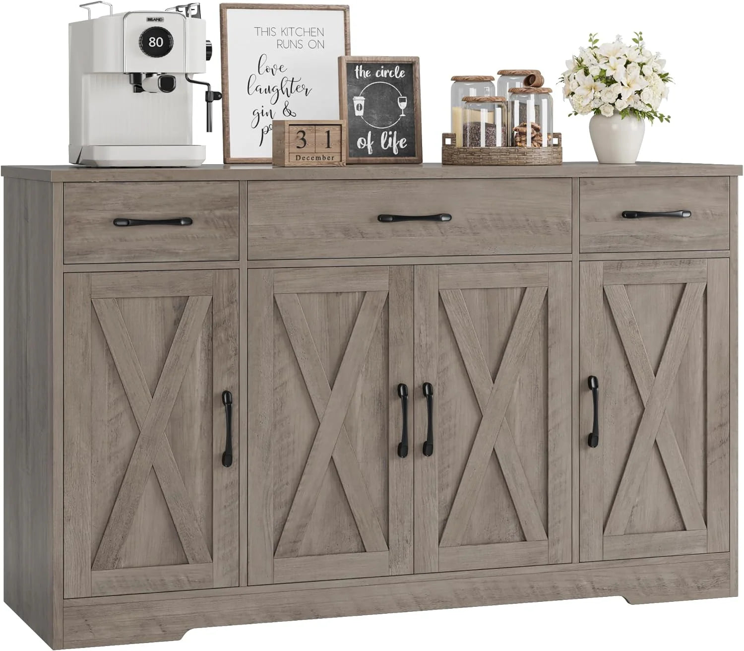 HOSTACK Buffet Cabinet with Drawers, 55 Large Sideboard Buffet Storage Cabinet with Shelves and Doors, Modern Farmhouse Coffee Bar Station Wood Kitchen Table for Kitchen, Dining Room, White/Rustic