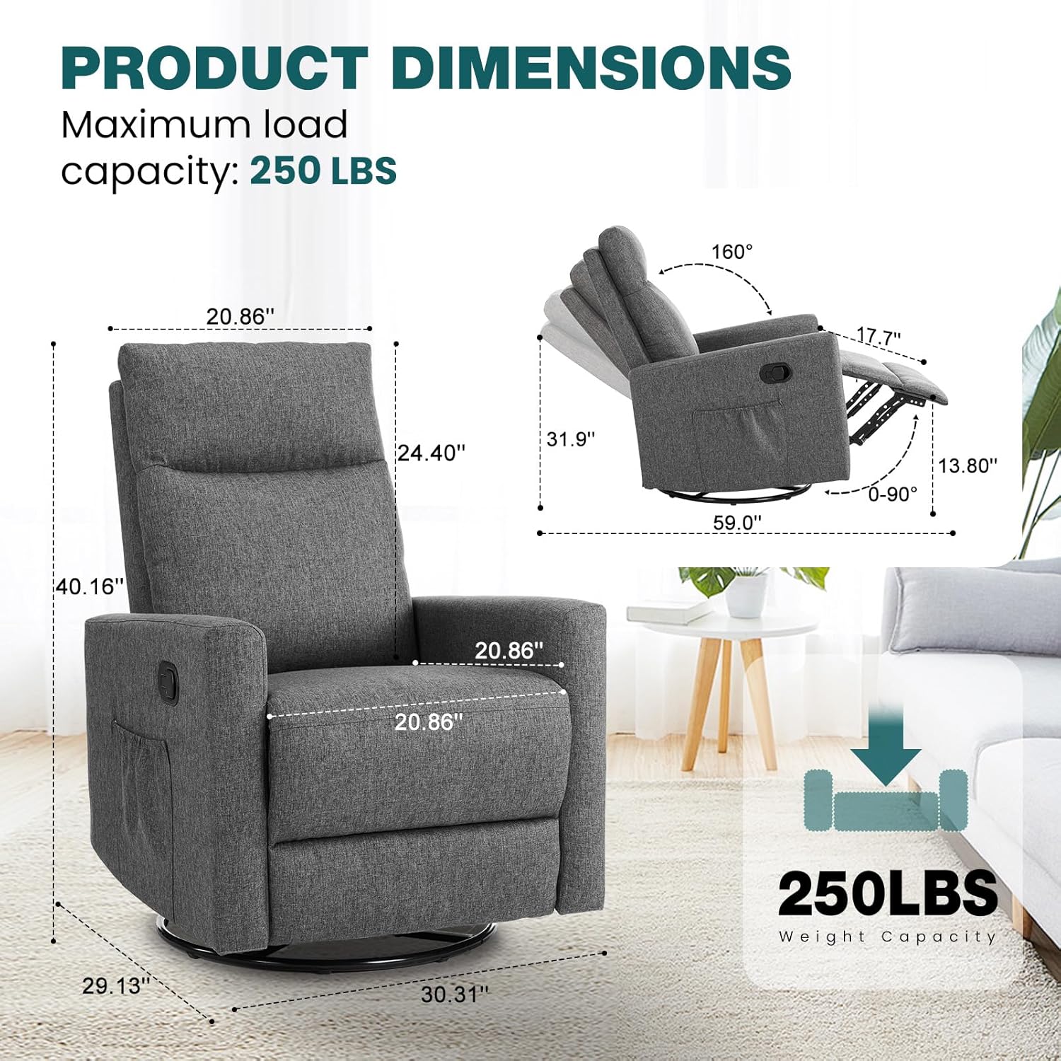 Swivel high-back rocking chair with footrest padded glider baby chair with comfortable deep seat